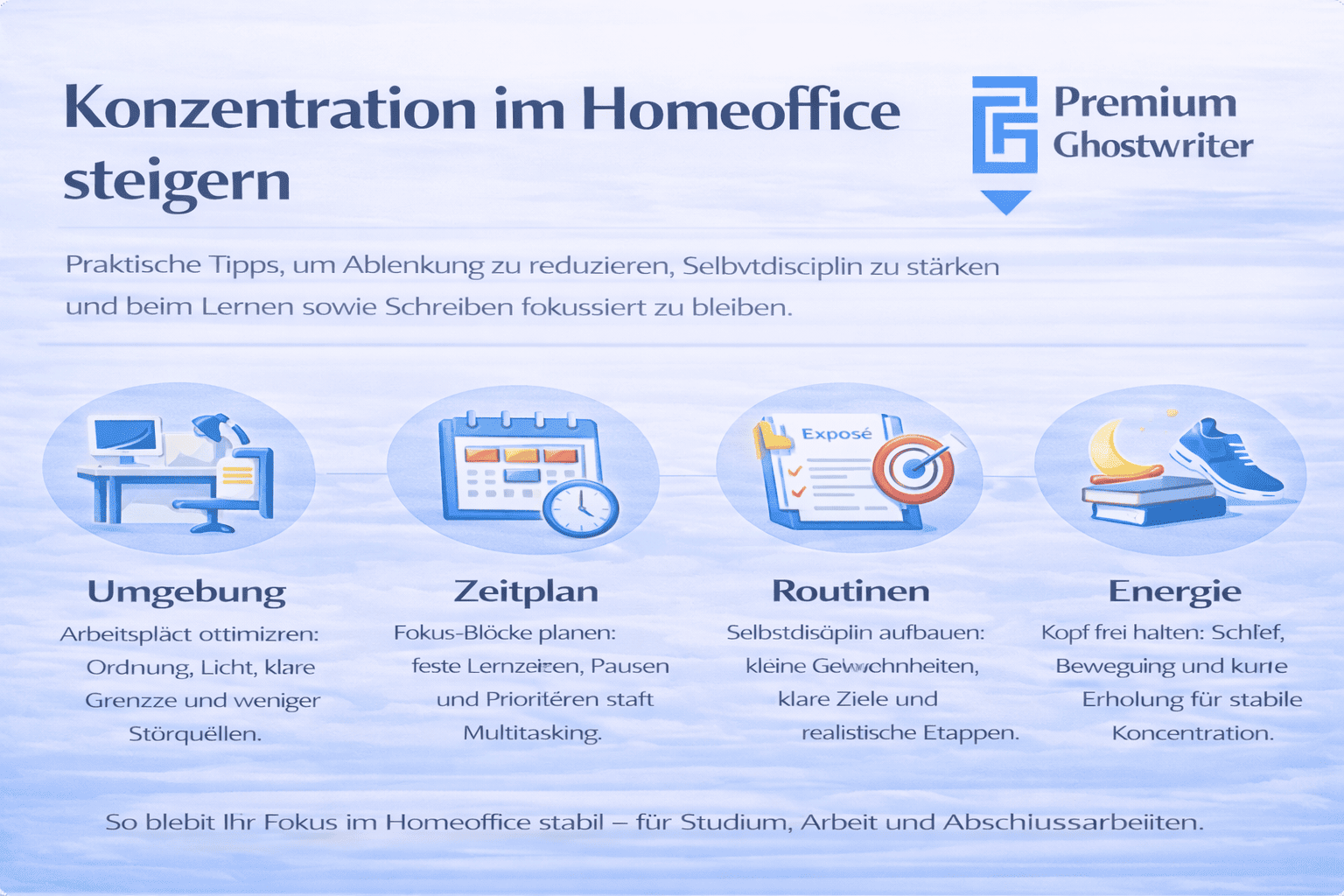 Konzentration im Homeoffice steigern: Tipps gegen Ablenkung, für Fokus und Selbstdisziplin beim Lernen und Schreiben