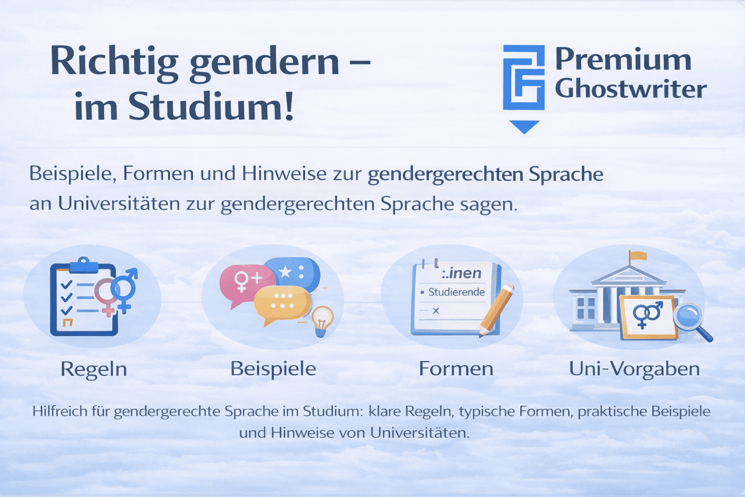 Infografik zum gendergerechten Schreiben im Studium mit Regeln, Beispielen, Formen und Uni-Vorgaben.