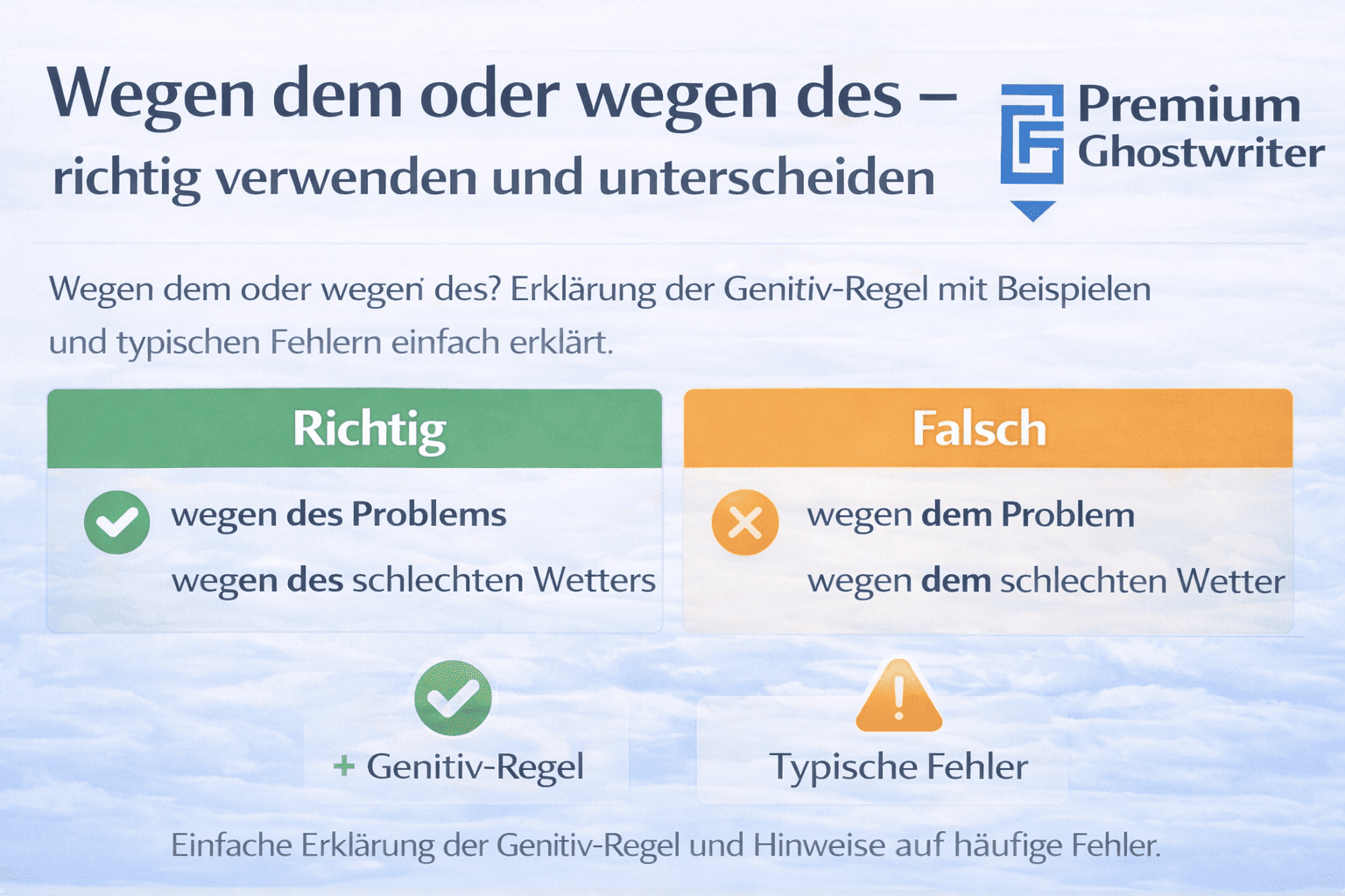 Infografik zu „wegen dem“ oder „wegen des“ mit Genitiv-Regel, richtigen Beispielen und typischen Fehlern.