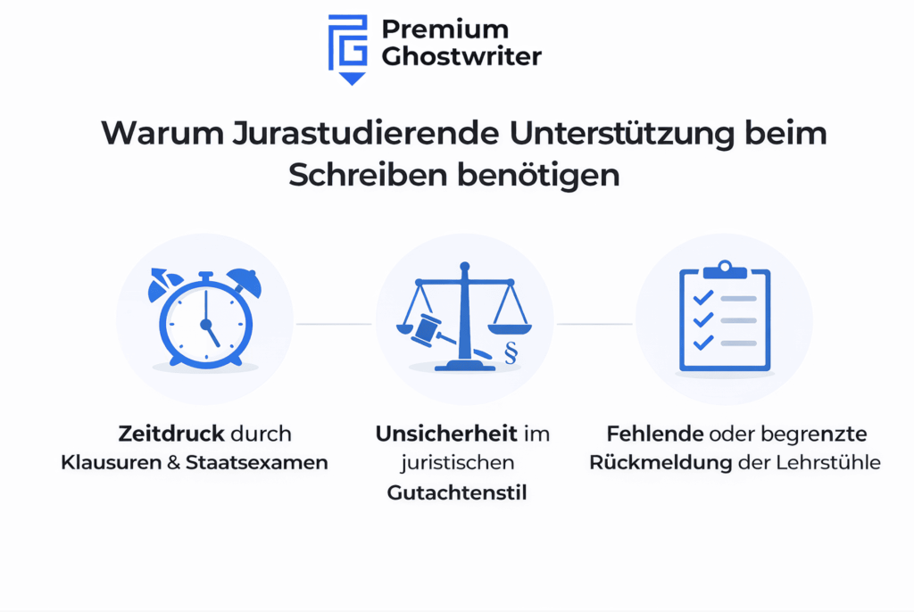 Infografik zu den Gründen, warum Jurastudierende Unterstützung beim Schreiben benötigen: Zeitdruck durch Klausuren, Unsicherheit im Gutachtenstil und fehlende Rückmeldung der Lehrstühle.