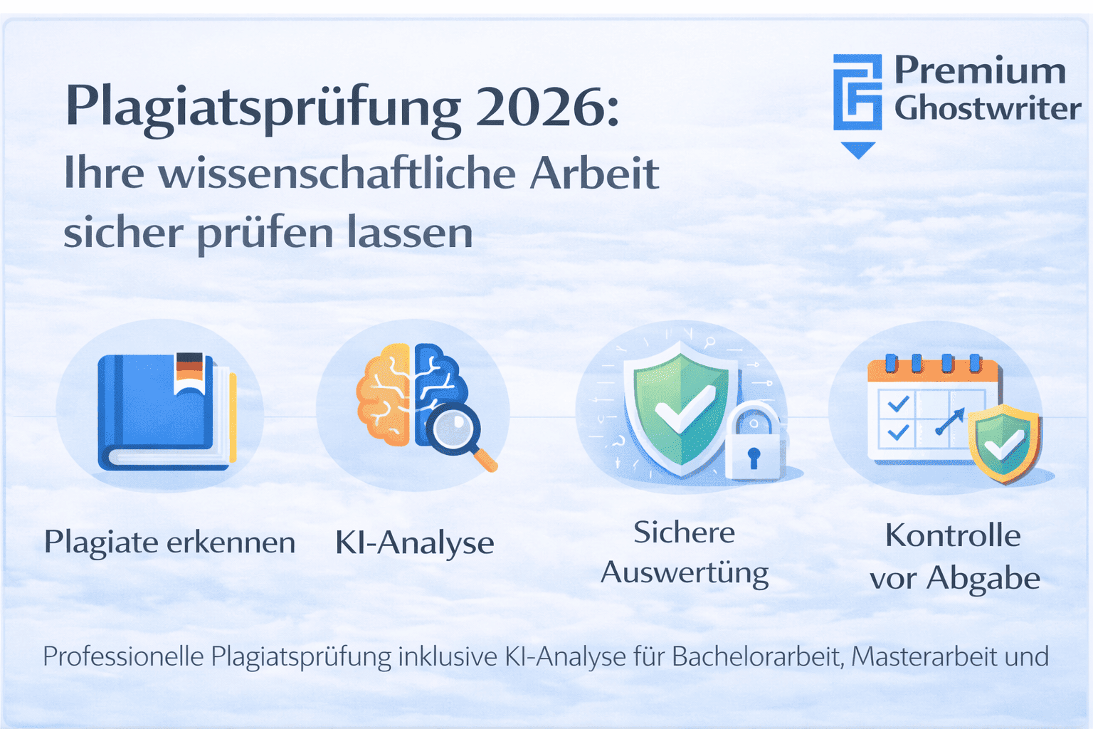 Infografik zur Plagiatsprüfung 2026 mit KI-Analyse, sicherer Auswertung und Kontrolle wissenschaftlicher Arbeiten vor der Abgabe.